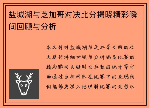 盐城湖与芝加哥对决比分揭晓精彩瞬间回顾与分析